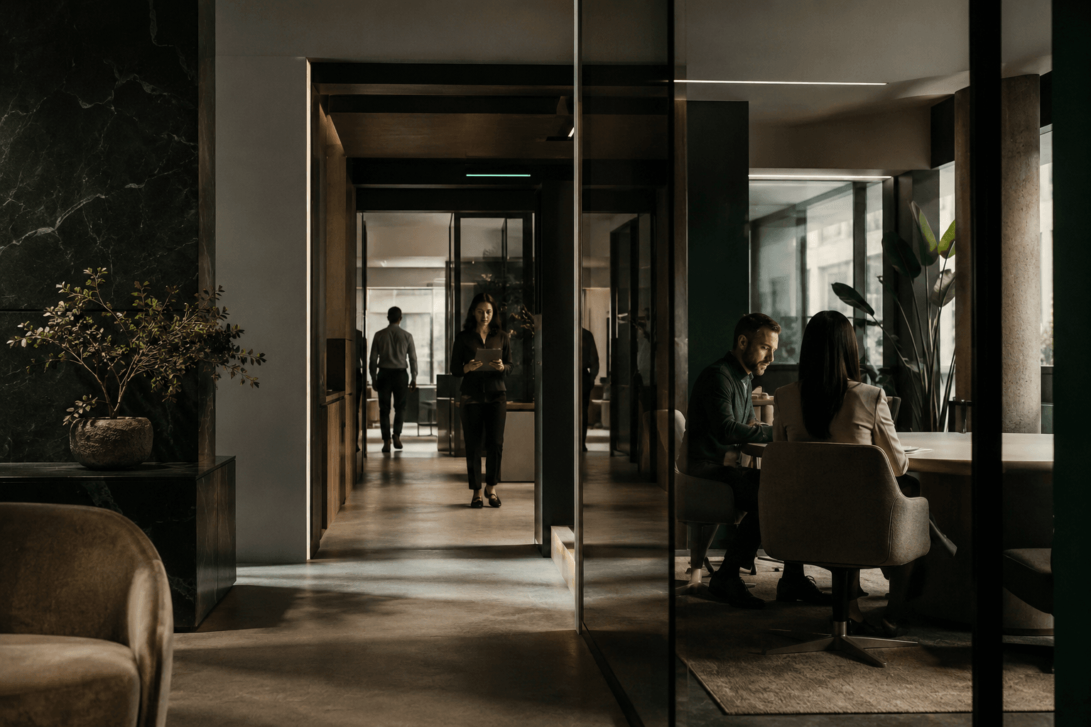 Equipe em atendimento e reunião dentro de um escritório contemporâneo